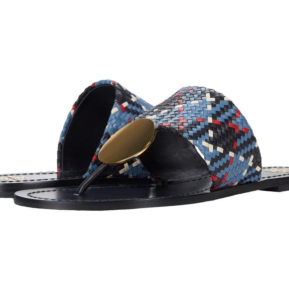 Tory Burch $268 Patos LEATHER Disk Sandal Blue Woven 10 - Picture 6 of 13